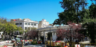 Obras de mejora del pavimento en la Plaza de las Columnas